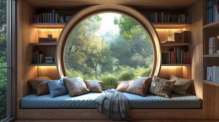 Cozy reading nook with wall-lined bookshelves and round window into a green garden.