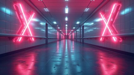 Empty underground passage with a red letter X that prevents movement - disease X - obrazy, fototapety, plakaty