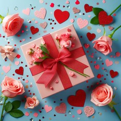 Valentine day composition, Greeting gift box with confetti hearts and roses on blue background