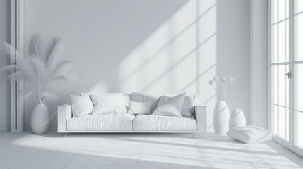 Stylish room in white color with sofa. Scandinavian interior design.