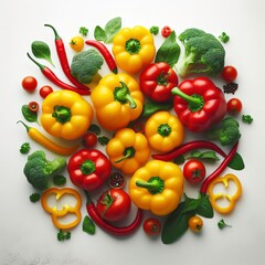 Yellow and red fresh peppers on a white background. Top view, flat lay