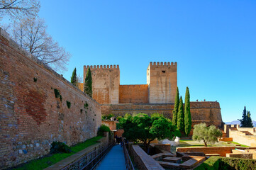 Two towers in fortified wall in Alhambra, Granada, Spain