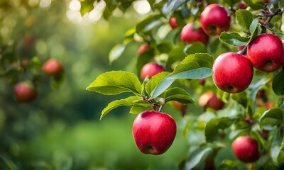 Obraz premium Ripe apple tree in foreground, soft-focus garden