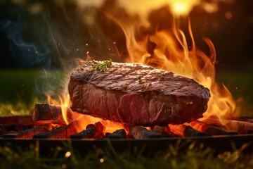 Sizzling grilled steak. capturing the scenic delight on green meadow with cinematic realism - obrazy, fototapety, plakaty