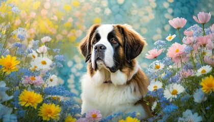 Saint Bernard dog and flowers - obrazy, fototapety, plakaty