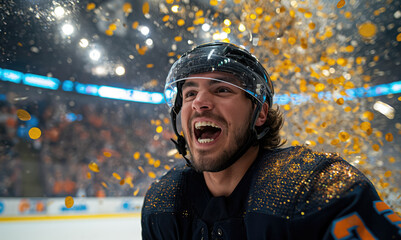 Ice hockey players celebrating their win in a championship - arena with a big crowd and raining gold confetti - obrazy, fototapety, plakaty