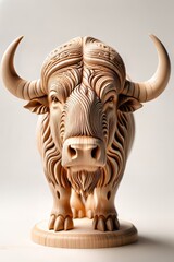 Fantastic Wooden Creatures Series - Carved Wooden Buffalo Sculpture on neutral background