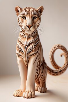 Fantastic Wooden Creatures Series - Carved Wooden Cougar Sculpture on neutral background
