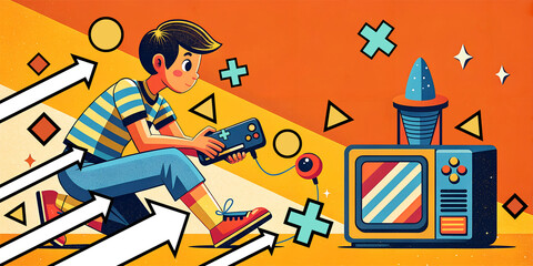 Boy playing vintage retro pad games and retro style backgrounds with childhood fun. 90s Games, Retro, Gaming, Video Game Competition, Website, Game Industry, Illustration