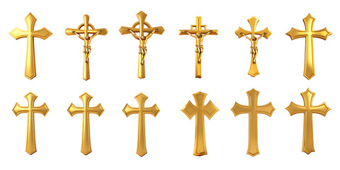 Set of golden crosses on transparent background PNG