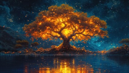 A large living tree emits dramatic sparkling light energy with fireflies in the area beside a flowing river, great for background, business, wallpaper, inspiration etc. Generative Ai