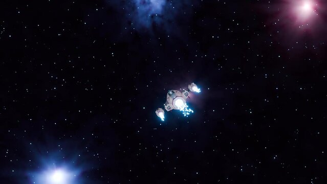 Spaceship accelerates in outer space. The spaceship flies to stellar nebulae. Looped 3D animation.