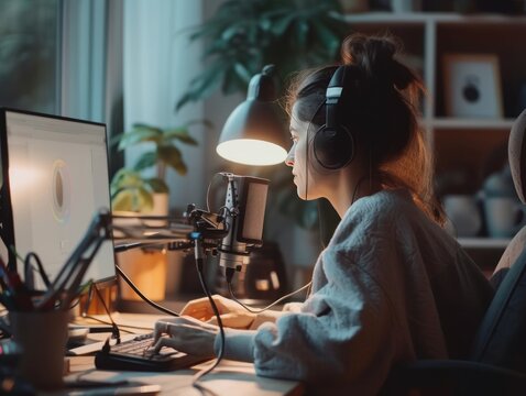 A black-haired female podcaster is bound in front of a computer and mic in a minimalist-themed, low-lit room doing an online podcast. Created with Generative AI.