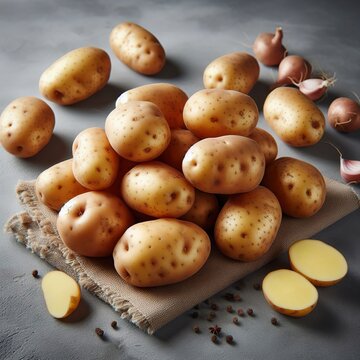 Several tubers of raw potatoes on a grey background