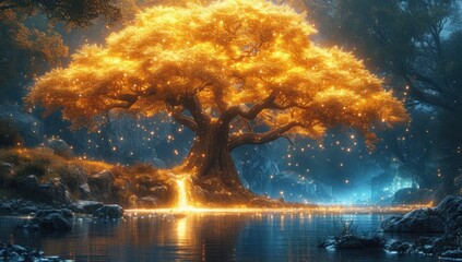 A large living tree emits dramatic sparkling light energy with fireflies in the area beside a flowing river, great for background, business, wallpaper, inspiration etc. Generative Ai
