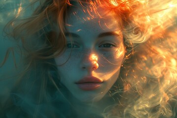 A captivating human face adorned with fiery red hair and delicate freckles, portraying the beauty and strength of a woman