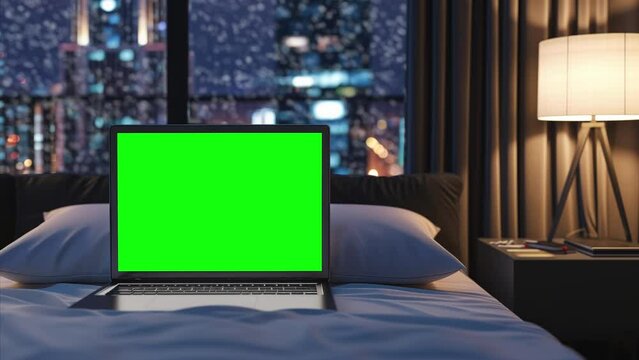 Laptop with replaceable chroma key screen in apartment bedroom before wide window with winter cityscape, looped footage