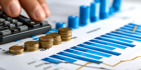 Affari, finanza e investimenti, concetto di cambio valuta. Ragioniere che usa la calcolatrice con monete e relazione finanziaria, grafico economico di crescita, sfondo finanziario