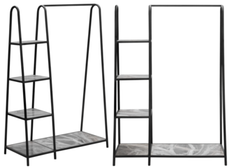 Stylish and modern shelving with wooden shelves for home or office. Isolated from the background. Interior element. From different angles