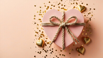 heart-shaped box with glitter golden around on peach fuzz background
