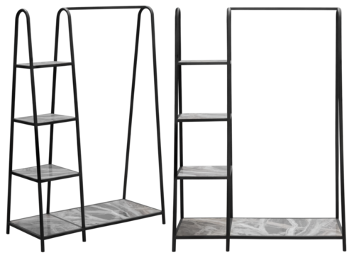 Stylish and modern shelving with wooden shelves for home or office. Isolated from the background. Interior element. From different angles