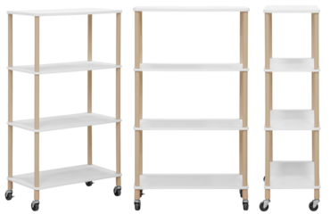 Stylish and modern shelving with wooden shelves for home or office. Isolated from the background. Interior element. From different angles