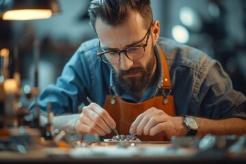 Man in Apron Working on Metal