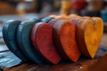 A collection of hand-carved wooden hearts, each one unique and full of love and craftsmanship, showcasing the beauty of nature and the human spirit