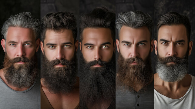 Various facial hair styles. Mustache and beard in different colors and lengths. 