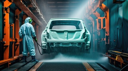 AI technology of E-coat painting in room applying spray painting or power coating, robot arm, painting and coating in motion, Ai technology of painting concept background, AI generated