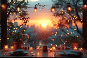 A romantic outdoor dinner under a tree, surrounded by warm candlelight and the cool night sky, as the sunrise lights up the street and a car passes by in the distance