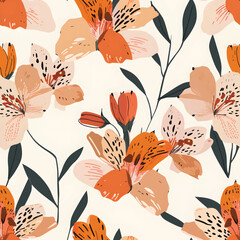 Vector seamless pattern with orange or Peruvian Lily flowers. Floral background, wallpaper.