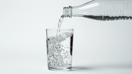 Pouring water from bottle to glass in bright studio shot with text space on left side