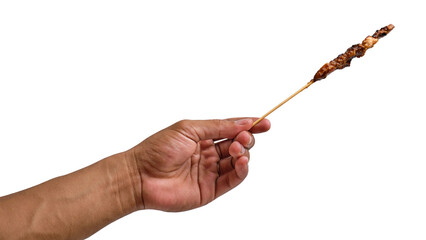 Hand-holding chicken satay isolated on a transparent background