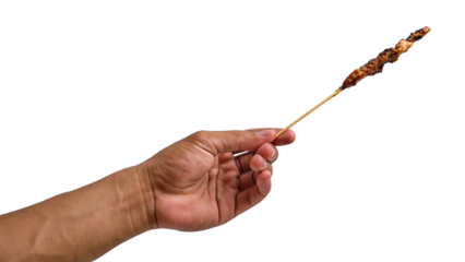 Hand-holding chicken satay isolated on a transparent background