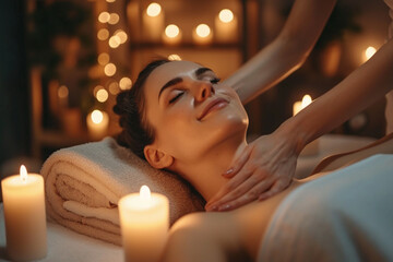 Relaxation woman massage with masseur in cosmetology spa centre. surrounded by warm candlelight. - obrazy, fototapety, plakaty