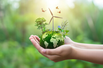 Renewable energy sunlight and wind, Eco-friendly lifestyles, embracing renewable energy, we can all work together to protect our planet for future generations. Earth day concept. - obrazy, fototapety, plakaty