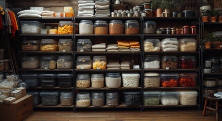 A rustic wooden shelf in an indoor shop displays a large variety of preserved food items, including spices, pots, and dishes, creating a beautiful and practical storage solution for any food lover