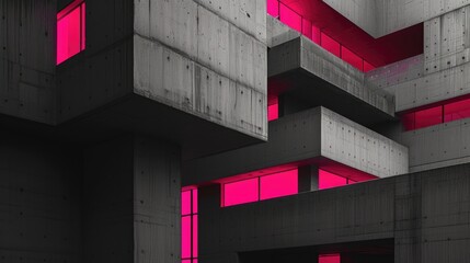 Generative AI, brutalism style concrete building, pink and grey colors, in the style of neo-concretism, midcentury modern exterior