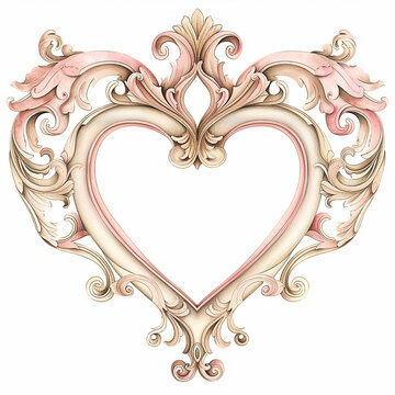 watercolor illustration Valentine's Day heart frame with ornate rococo detail