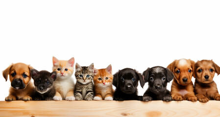 A row of kittens and puppies on a board
