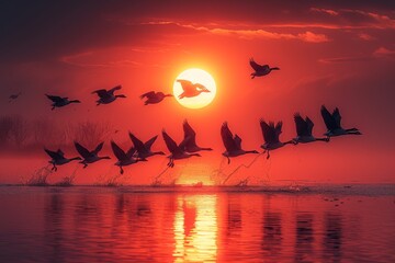 A majestic flock of birds glides over the shimmering water, silhouetted against a vibrant sky as a ship sails into the horizon, while a plane soars towards the rising sun
