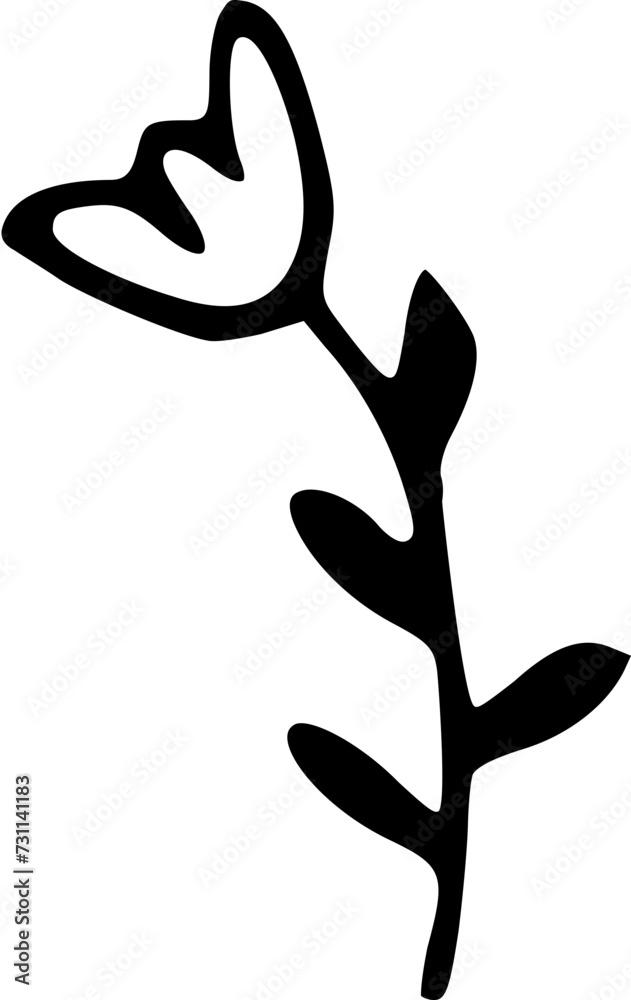 Wall mural hand drawn ttulip flower, stem with leaves isolated on background. black white icon. vector doodle i
