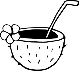 Hand drawn coconut drink, cocktail with straw and plumeria flower isolated on background. Black white icon. Vector doodle illustration. Celebration, birthday or tropical summer party clipart for cards