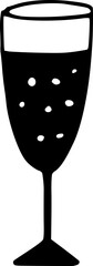 Hand drawn champagne wine drink, glass with bubbles isolated on background. Black white icon. Vector doodle illustration. Celebration, birthday or New Year clipart for cards, web.