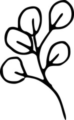 Hand drawn eucalyptus tree branch with leaves isolated on background. Black white icon. Vector doodle illustration. Mediterranean floral plant clipart for cards, web.