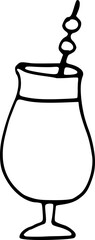 Hand drawn tall cocktail drink, glass with cherries isolated on background. Black white icon. Vector doodle illustration. Celebration, birthday or New Year clipart for cards, web.