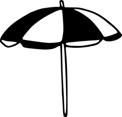 Hand drawn striped parasol with sand isolated on background. Black white umbrella icon. Vector doodle illustration. Summer vacation, beach holiday, sea shore clipart for cards, web.