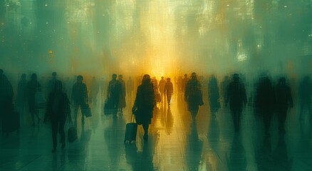 A serene art installation in an outdoor foggy setting, where a group of people are reflected in the water as they walk towards a mysterious light