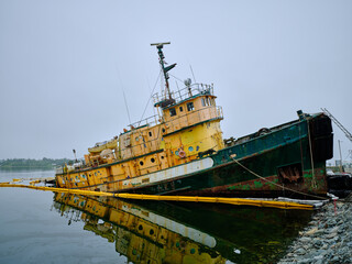 Large rusting tugboat listing and sinking on its starboard side in Hawbolt Cove in Halifax Nova Scotia - 731141595